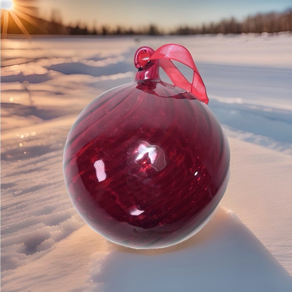 Vtg Lg 6” Ruby Red Optic Swirl Hand Blown Art Glass Christmas Orb Ball Ornament